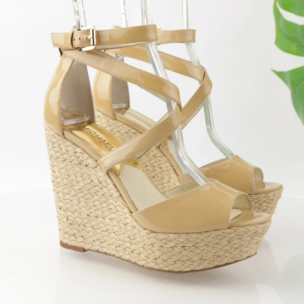 Michael Kors Womens Gabriella Sandal Size 8.5 Tan Patent Espadrille Wedge Shoes
